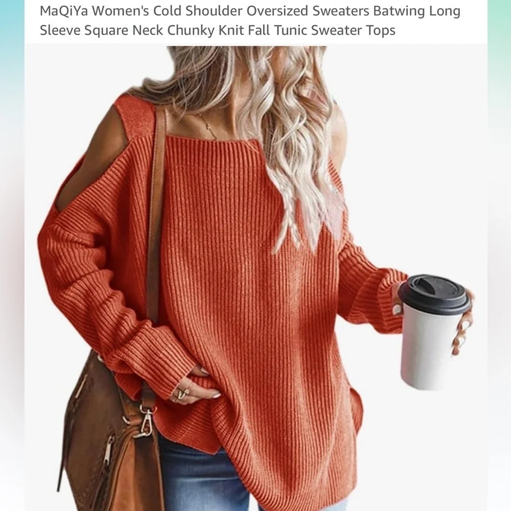 Orange Off-the-Shoulder Chunky Knit Sweater - Picture 1 of 5